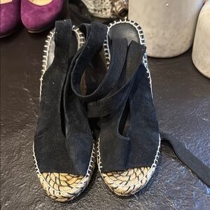 Joie Black and Tan Espadrille Sandals- With Ankle Wrap Tie